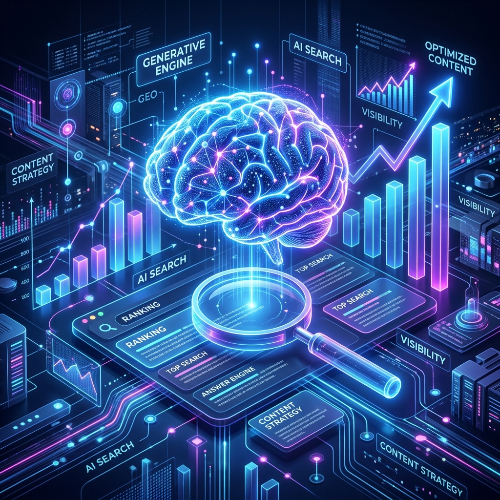 Ilustración futurista sobre Posicionamiento GEO e Inteligencia Artificial en el SEO